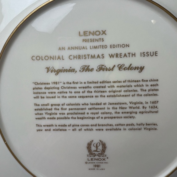 Lenox Colonial Christmas Wreath Series, Virginia, The First Colony Plate - Picture 11 of 11